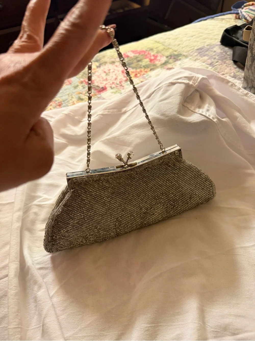 Lovely N.Y. Silver Beaded Metallic Kiss Lock Chain Strap Lined Women's Clutch